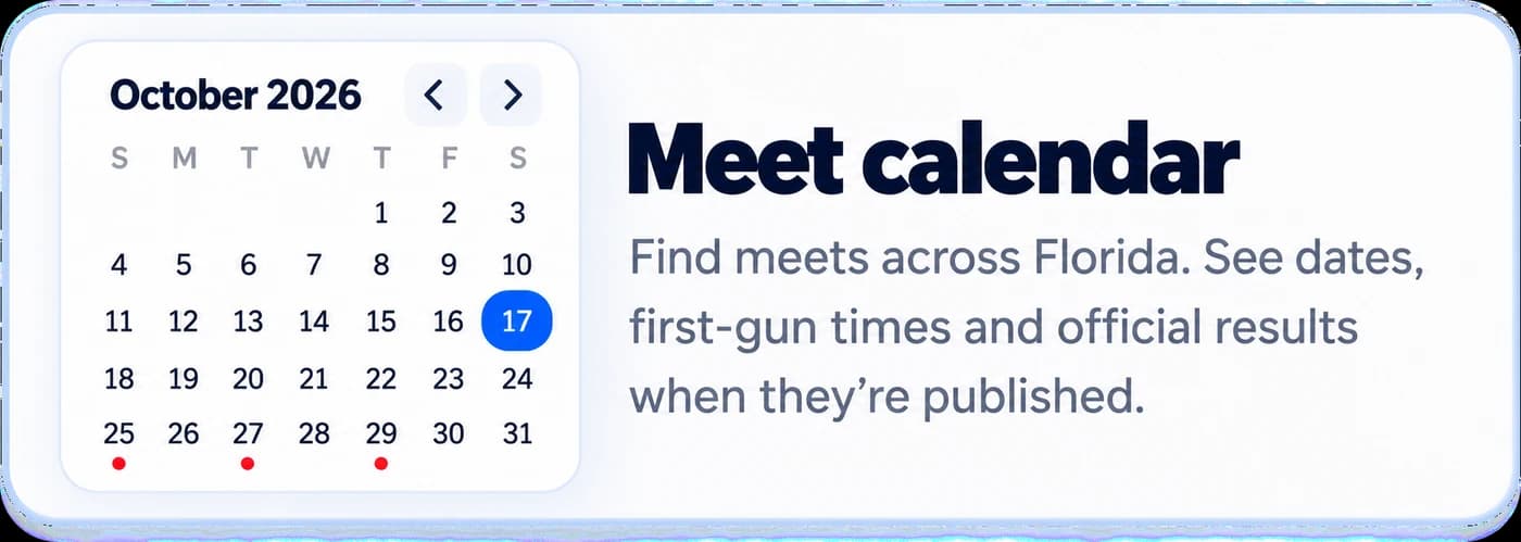 Meet calendar: find meets across Florida. See dates, first-gun times and official results when they're published.